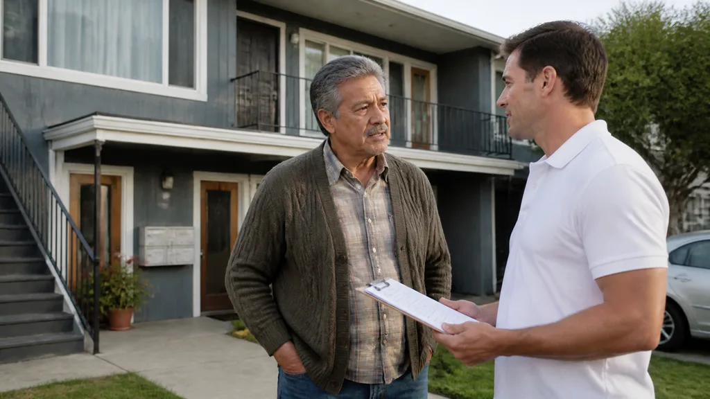 An owner and a buyer talk on the sidewalk outside a multi-unit building with an exterior staircase.