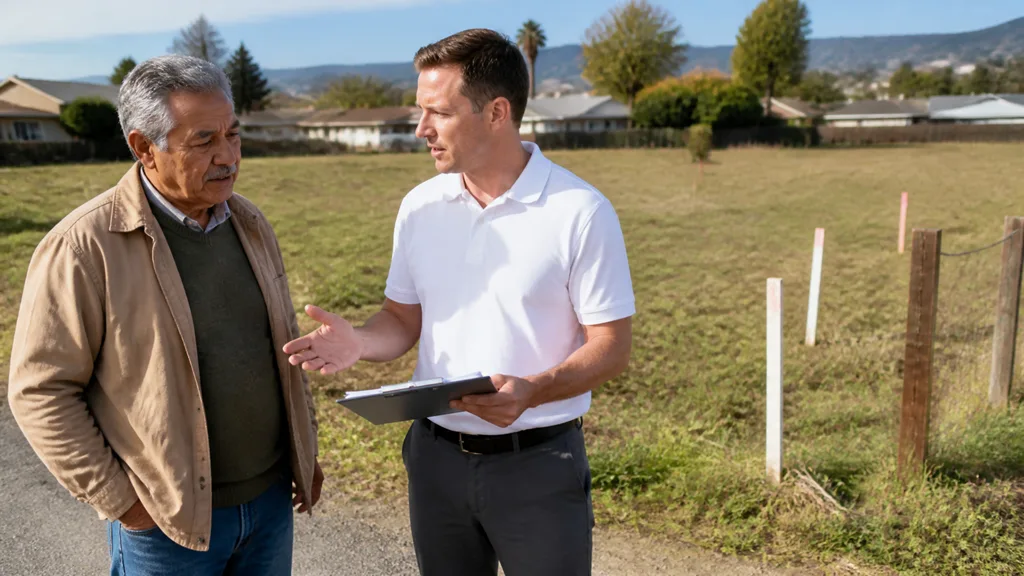 A landowner and a buyer stand at the edge of a fenced vacant lot, the buyer holding a clipboard.