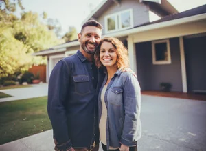 Happy family in front of their home